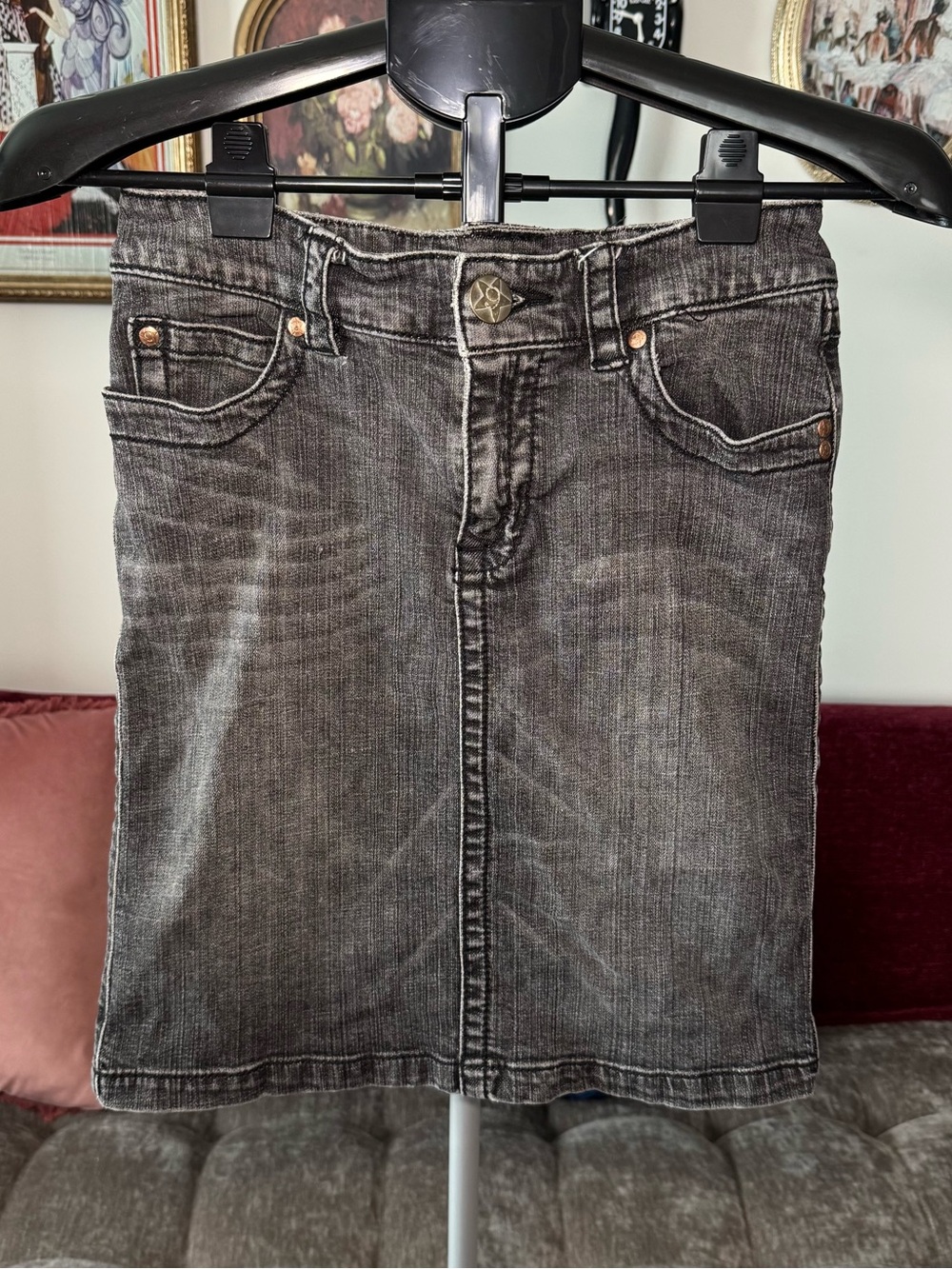 123456789 Black Denim Y2K Skirt with Star Embroidery & Branded Button